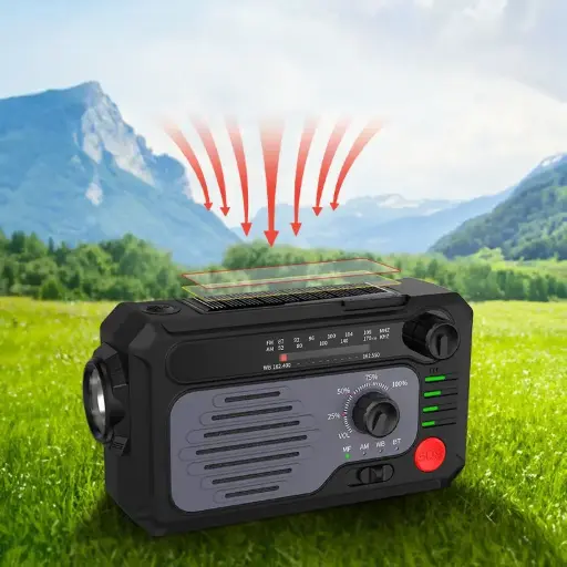 沃尚TJ1多功能应急救援手电筒（带FM/AM收音机、太阳能、灾难求救SOS屏幕显示、可充电天线手电筒）